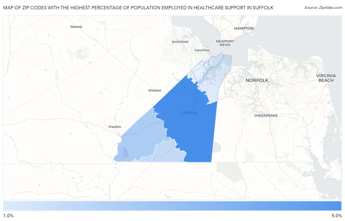 Zip Codes with the Highest Percentage of Population Employed in Healthcare Support in Suffolk Map
