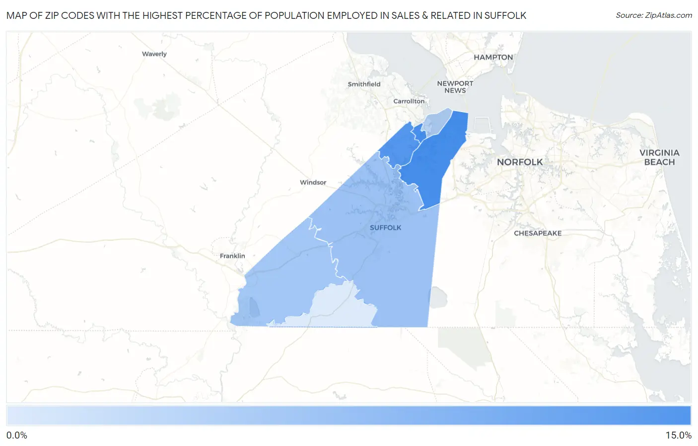 Zip Codes with the Highest Percentage of Population Employed in Sales & Related in Suffolk Map
