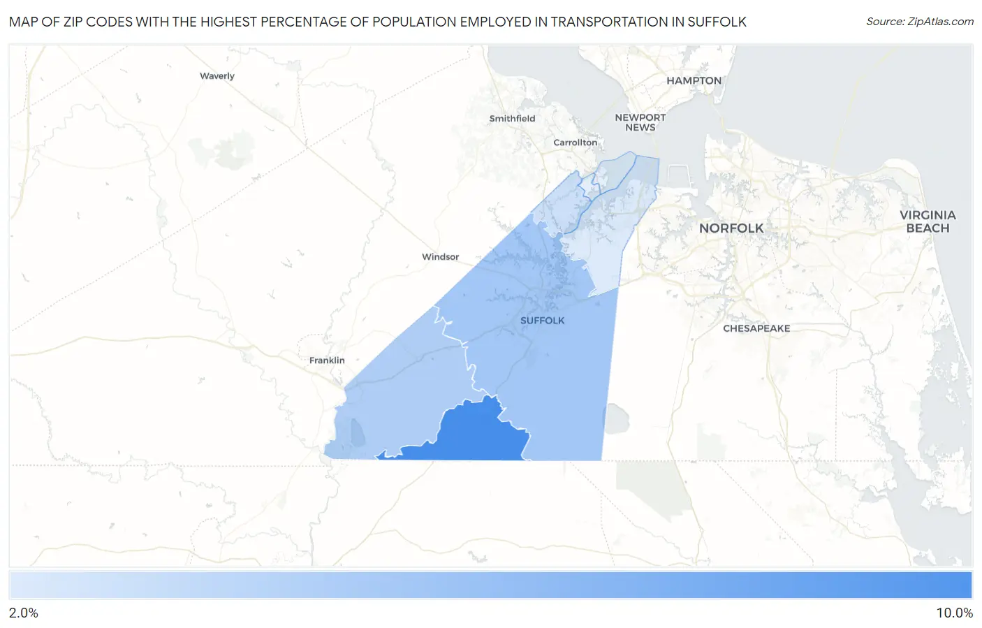Zip Codes with the Highest Percentage of Population Employed in Transportation in Suffolk Map