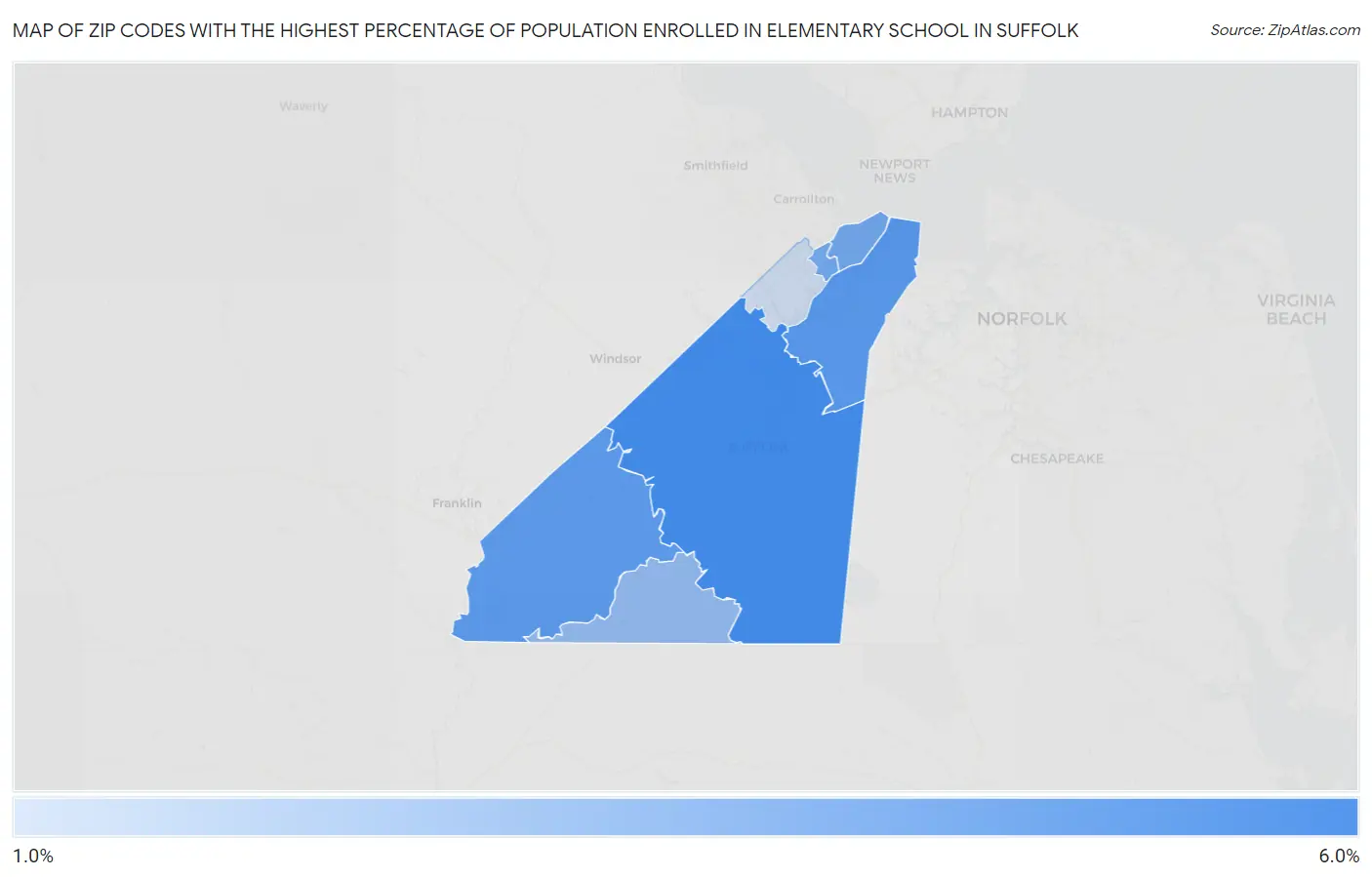 Zip Codes with the Highest Percentage of Population Enrolled in Elementary School in Suffolk Map