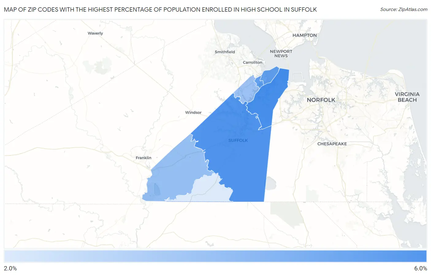 Zip Codes with the Highest Percentage of Population Enrolled in High School in Suffolk Map