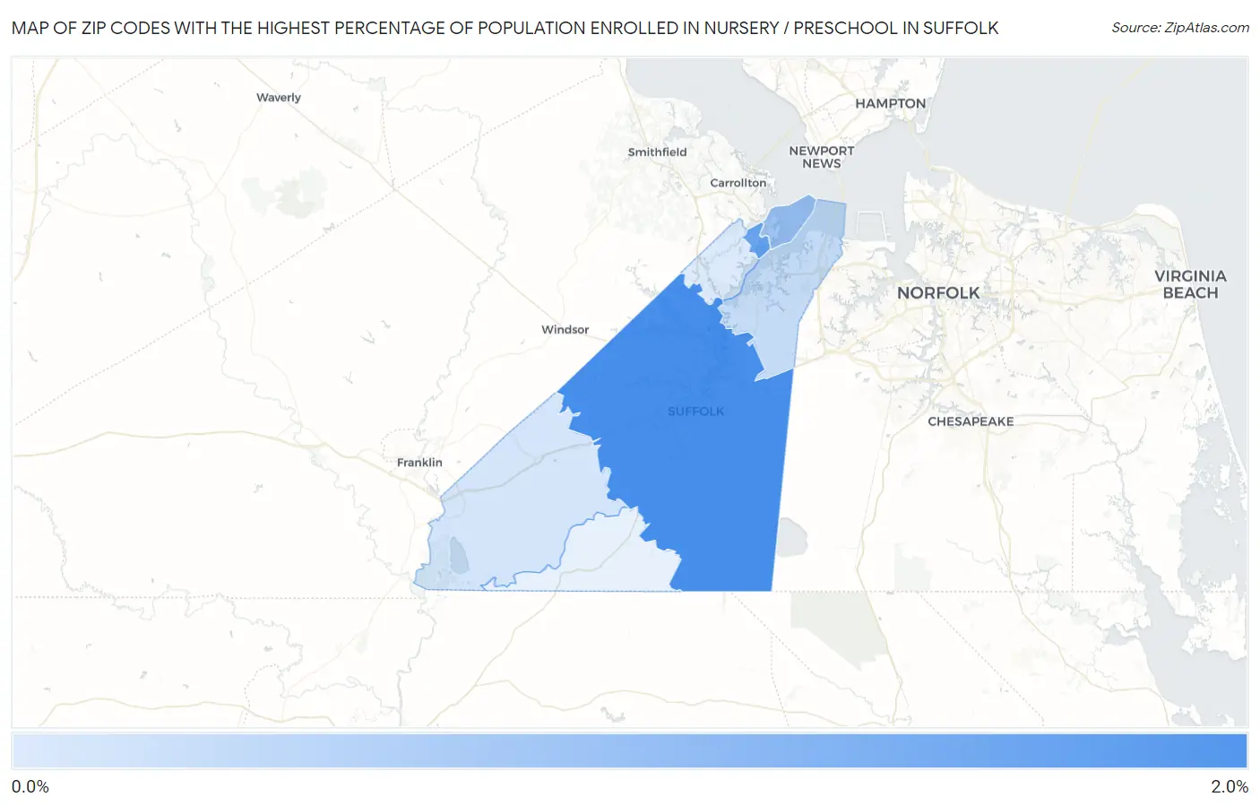 Zip Codes with the Highest Percentage of Population Enrolled in Nursery / Preschool in Suffolk Map
