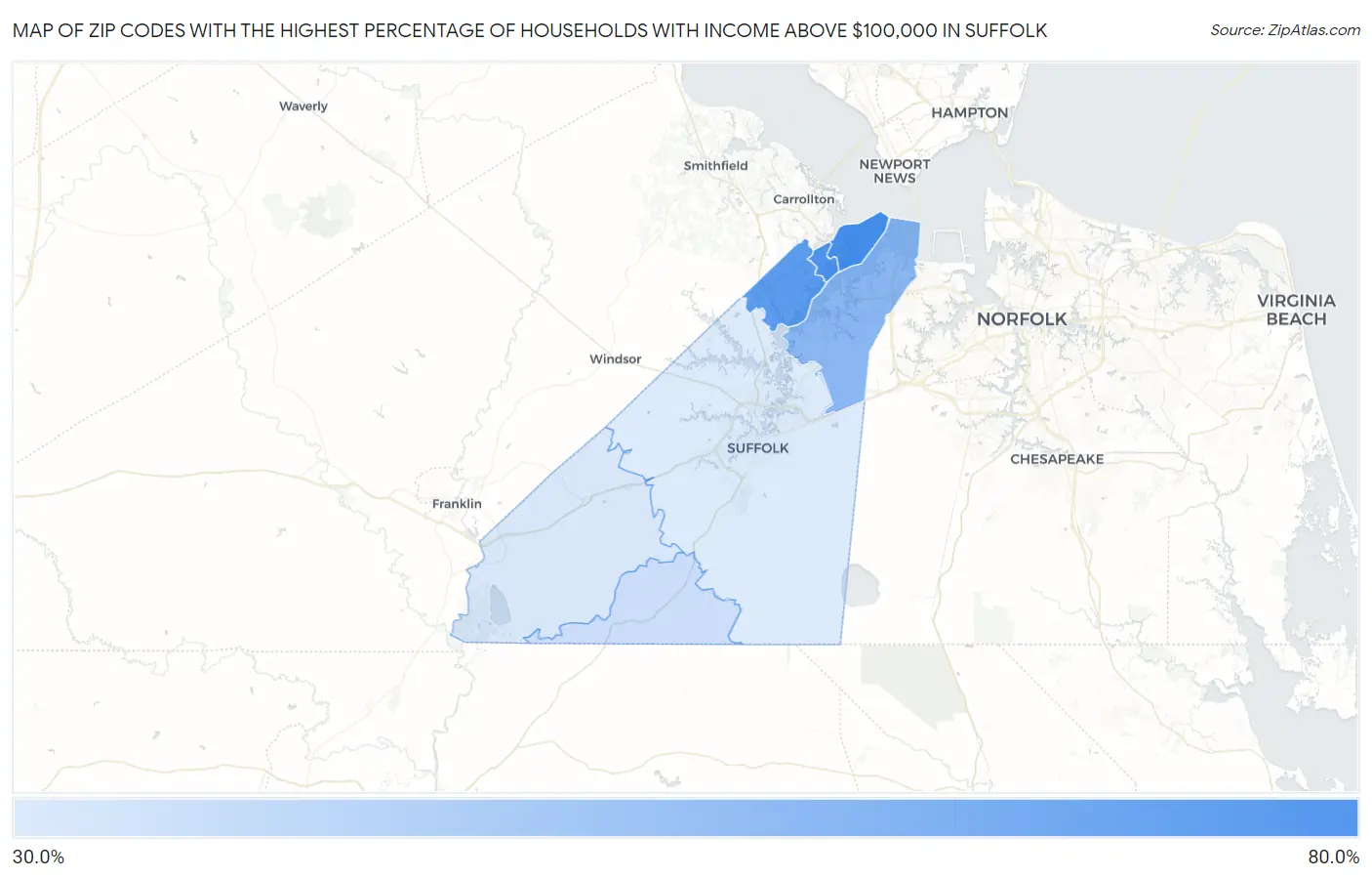 Zip Codes with the Highest Percentage of Households with Income Above $100,000 in Suffolk Map