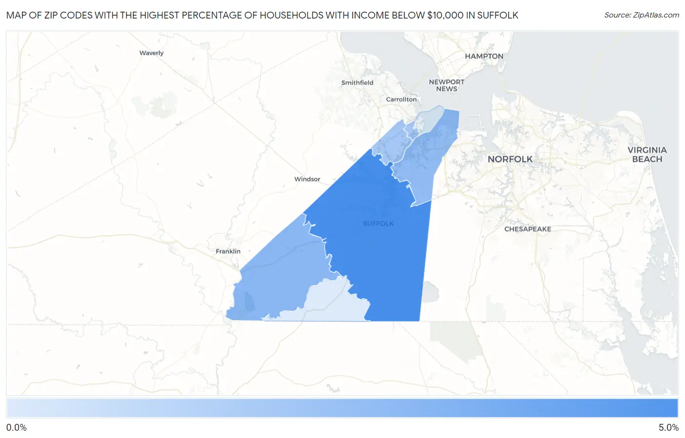 Zip Codes with the Highest Percentage of Households with Income Below $10,000 in Suffolk Map