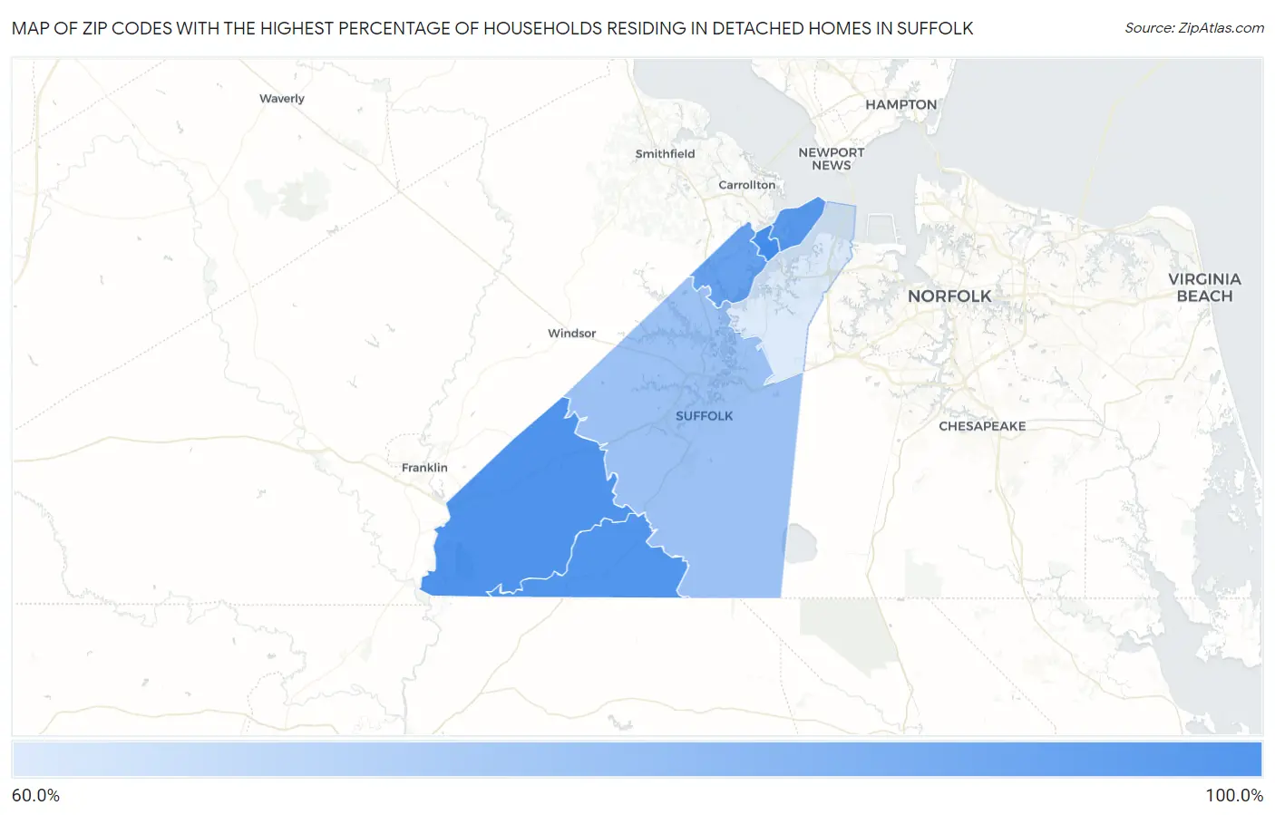 Zip Codes with the Highest Percentage of Households Residing in Detached Homes in Suffolk Map