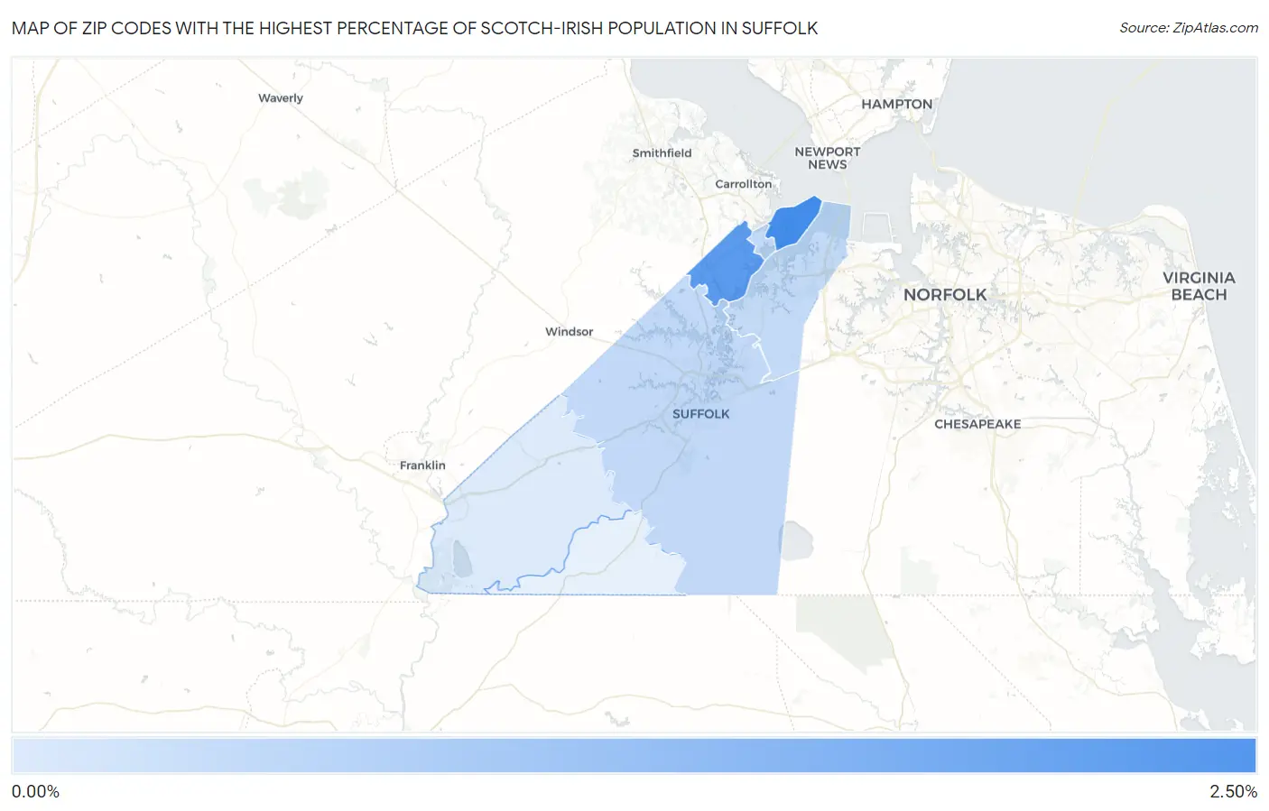 Zip Codes with the Highest Percentage of Scotch-Irish Population in Suffolk Map
