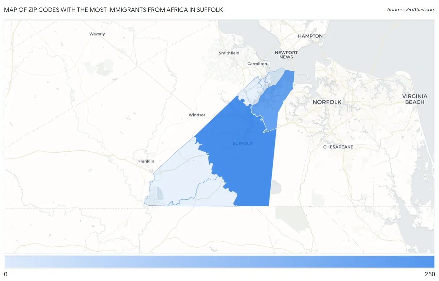 Zip Codes with the Most Immigrants from Africa in Suffolk Map