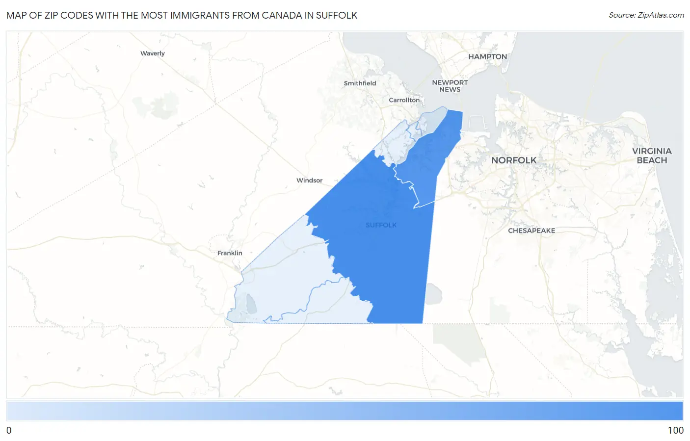 Zip Codes with the Most Immigrants from Canada in Suffolk Map