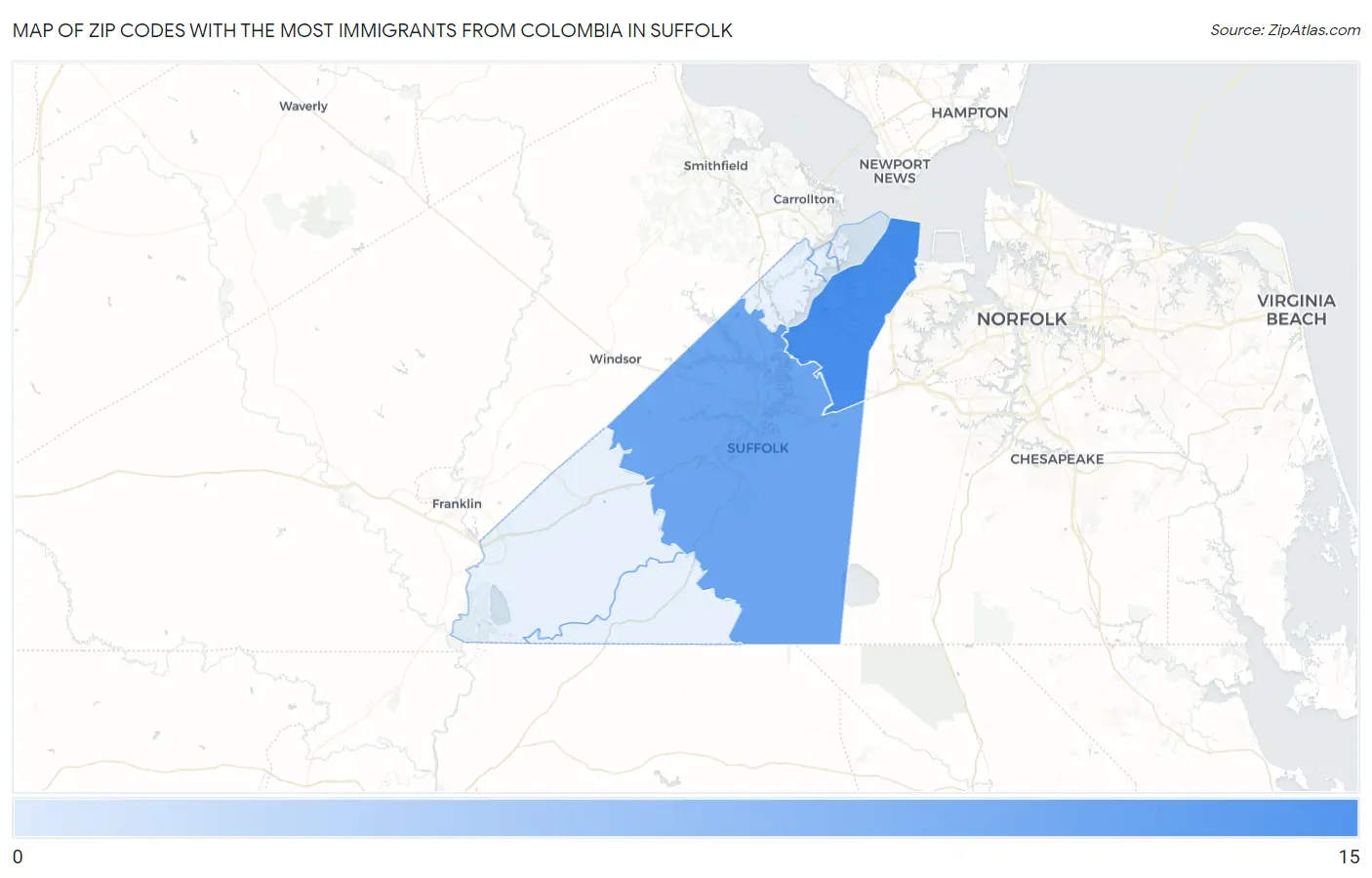 Zip Codes with the Most Immigrants from Colombia in Suffolk Map