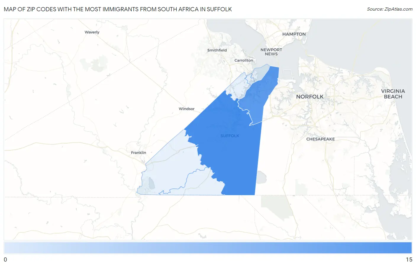 Zip Codes with the Most Immigrants from South Africa in Suffolk Map