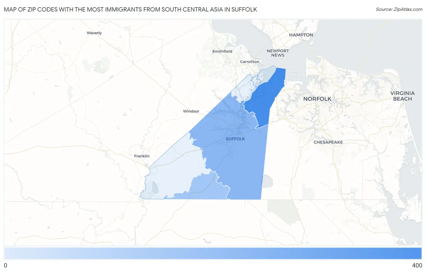 Zip Codes with the Most Immigrants from South Central Asia in Suffolk Map