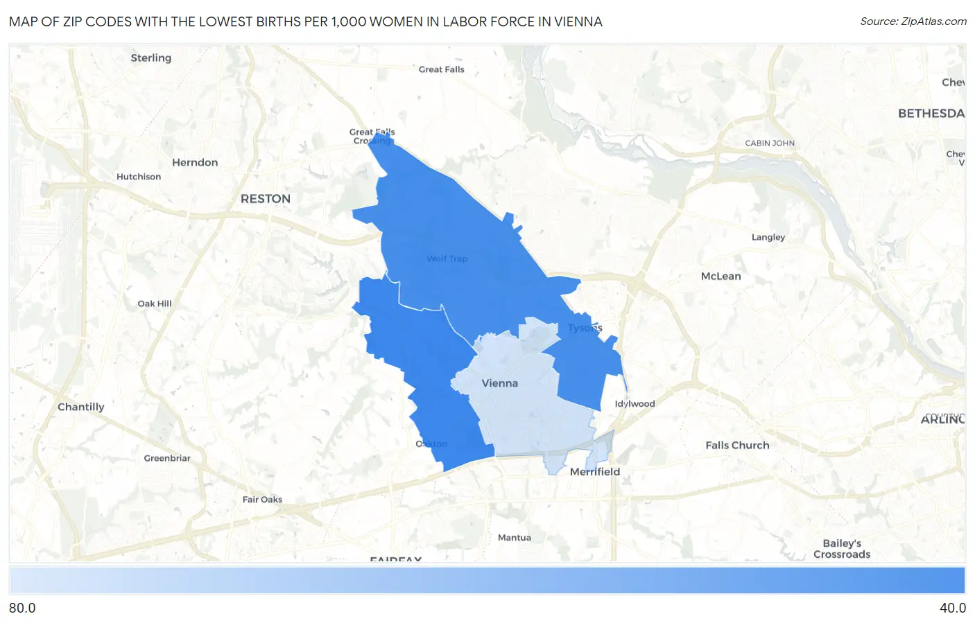 Zip Codes with the Lowest Births per 1,000 Women in Labor Force in Vienna Map