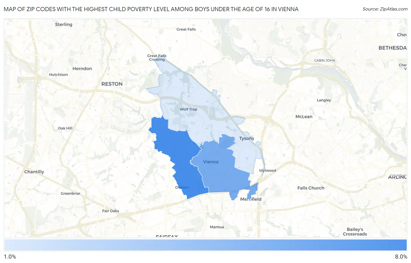 Zip Codes with the Highest Child Poverty Level Among Boys Under the Age of 16 in Vienna Map