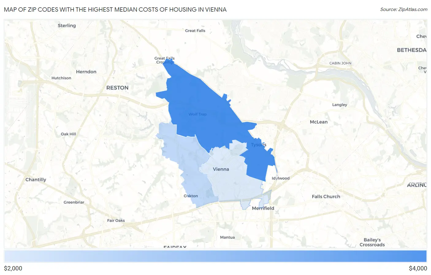Zip Codes with the Highest Median Costs of Housing in Vienna Map