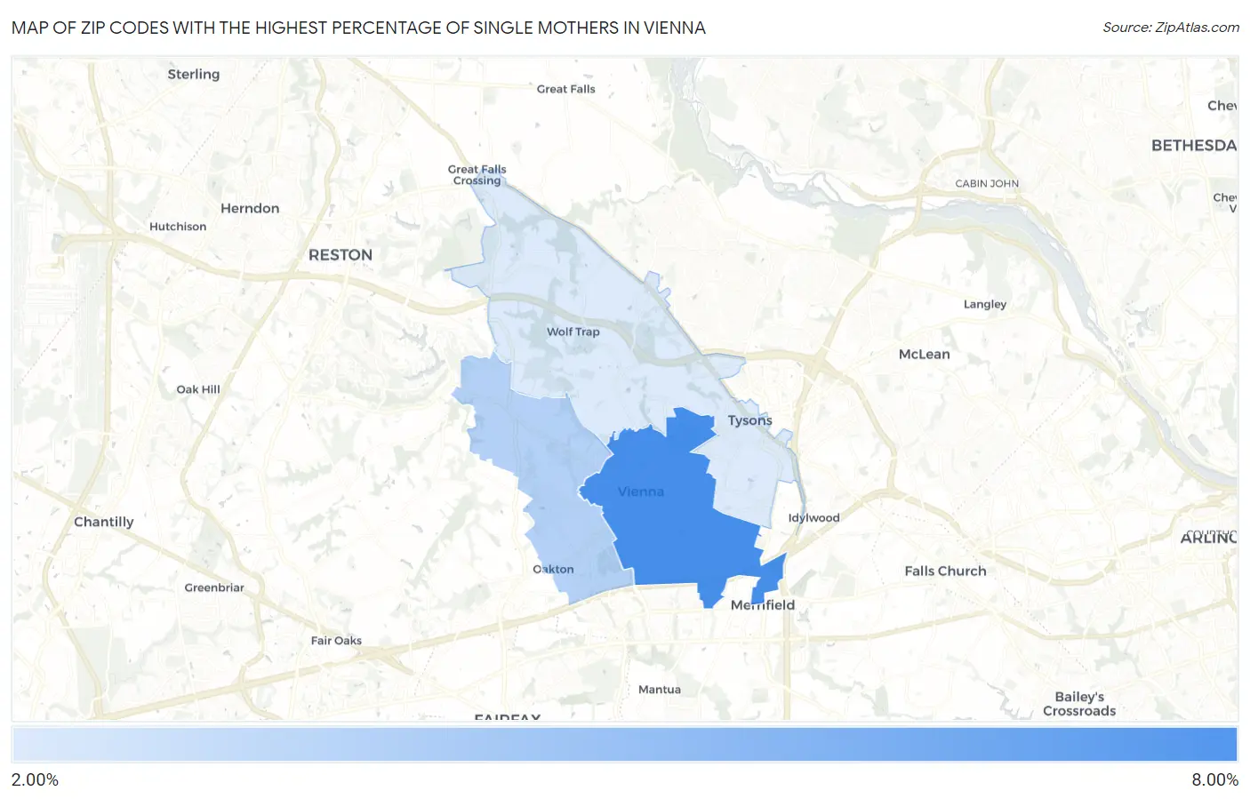 Zip Codes with the Highest Percentage of Single Mothers in Vienna Map