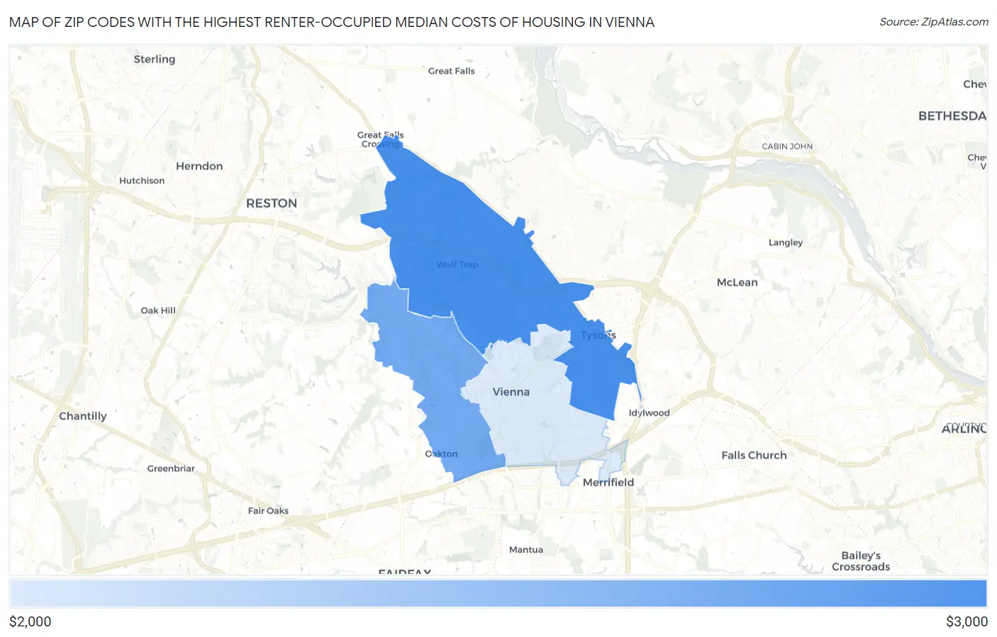 Zip Codes with the Highest Renter-Occupied Median Costs of Housing in Vienna Map