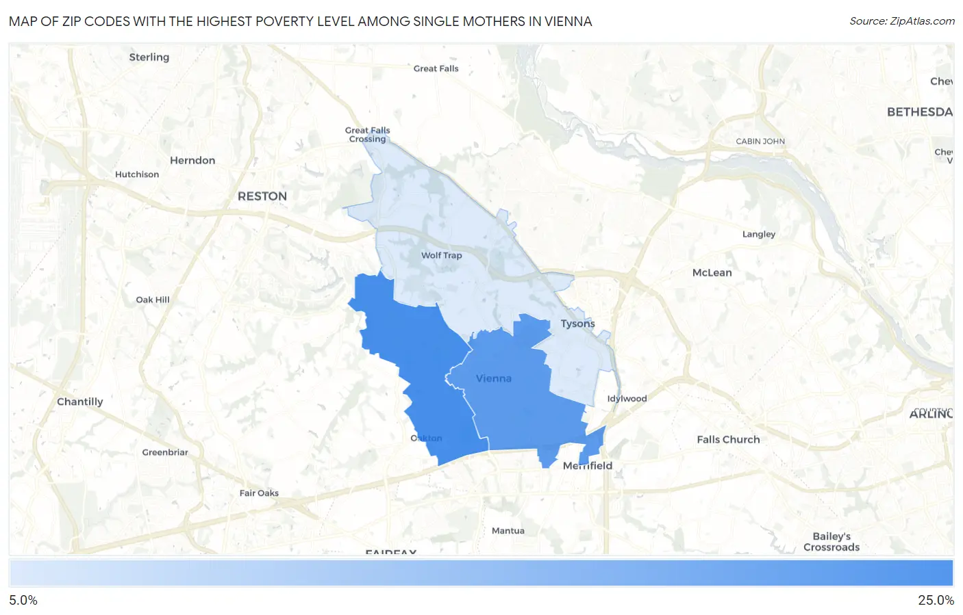 Zip Codes with the Highest Poverty Level Among Single Mothers in Vienna Map