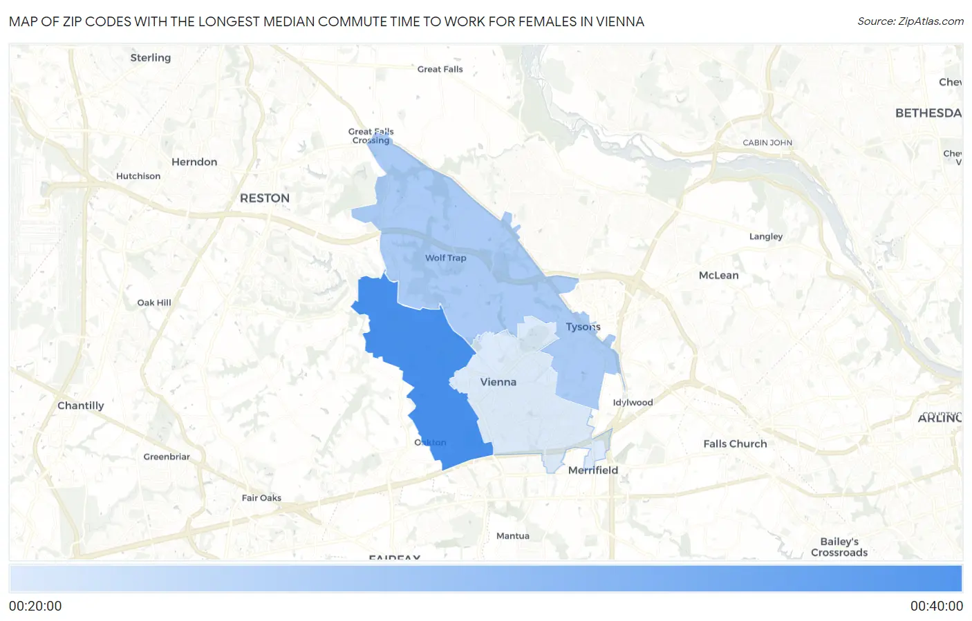 Zip Codes with the Longest Median Commute Time to Work for Females in Vienna Map