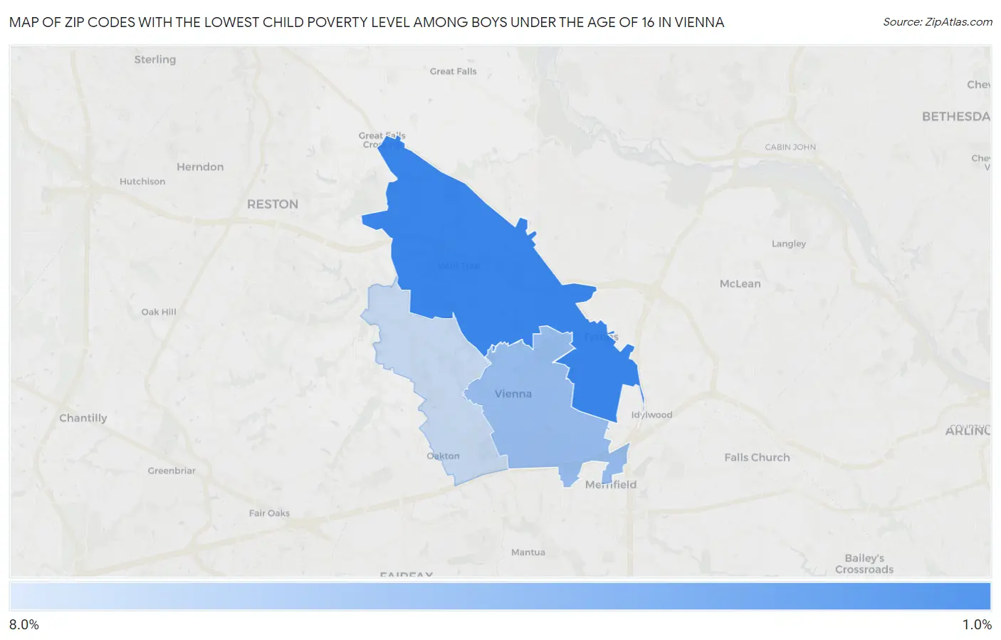 Zip Codes with the Lowest Child Poverty Level Among Boys Under the Age of 16 in Vienna Map