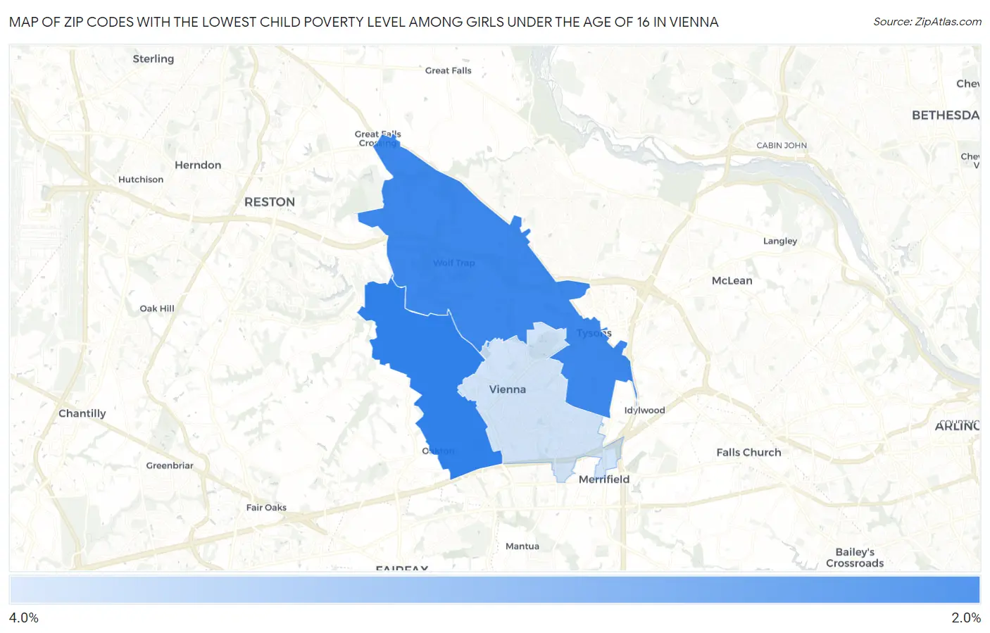 Zip Codes with the Lowest Child Poverty Level Among Girls Under the Age of 16 in Vienna Map