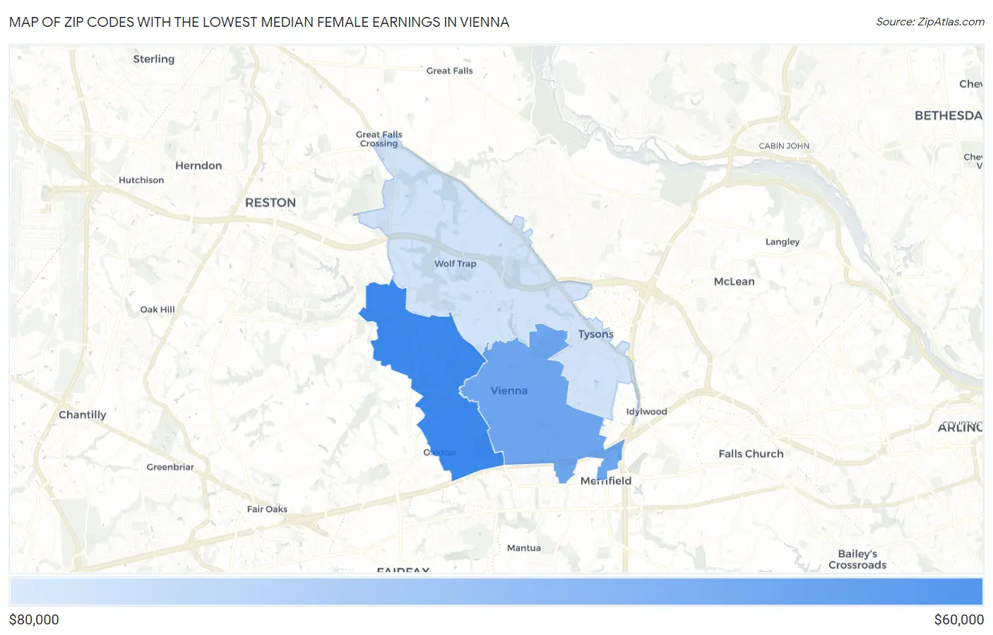 Zip Codes with the Lowest Median Female Earnings in Vienna Map