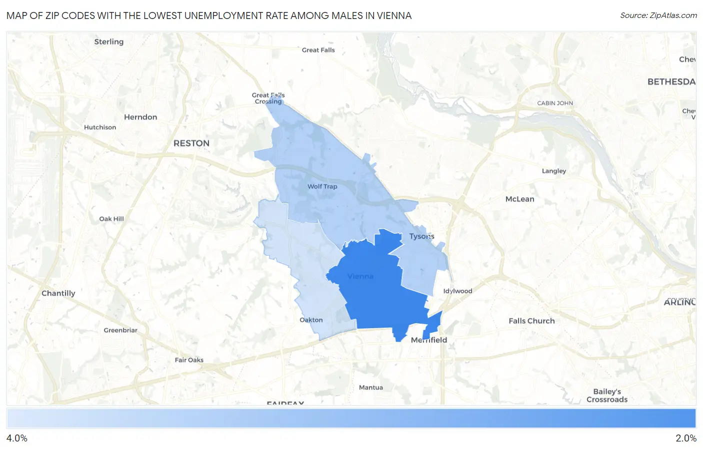 Zip Codes with the Lowest Unemployment Rate Among Males in Vienna Map