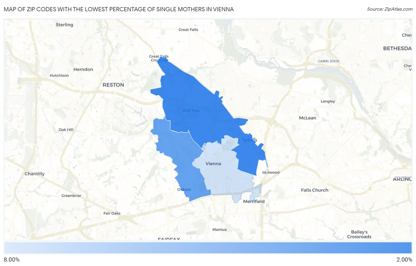 Zip Codes with the Lowest Percentage of Single Mothers in Vienna Map