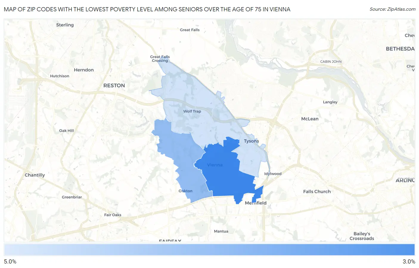 Zip Codes with the Lowest Poverty Level Among Seniors Over the Age of 75 in Vienna Map