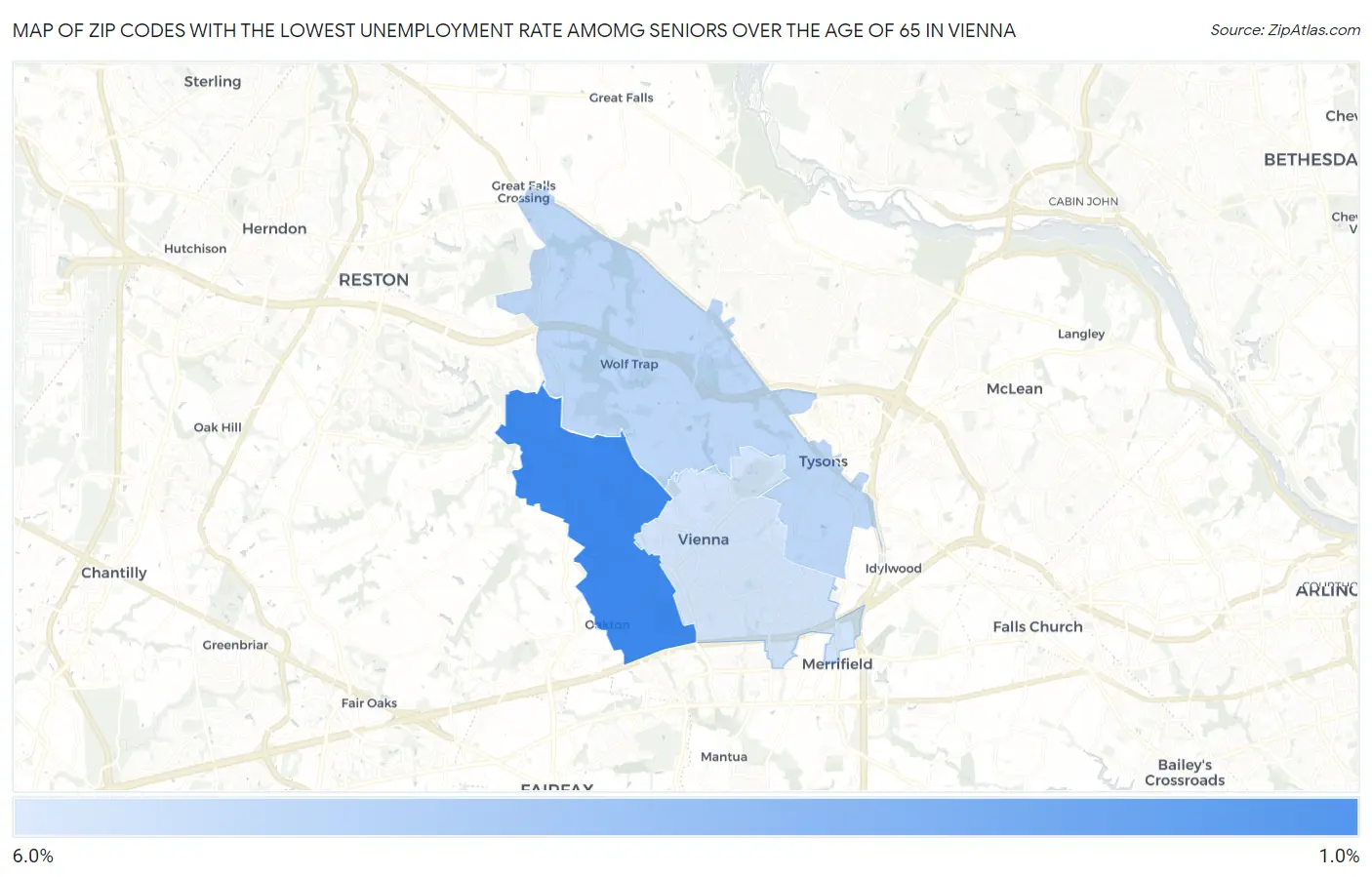 Zip Codes with the Lowest Unemployment Rate Amomg Seniors Over the Age of 65 in Vienna Map
