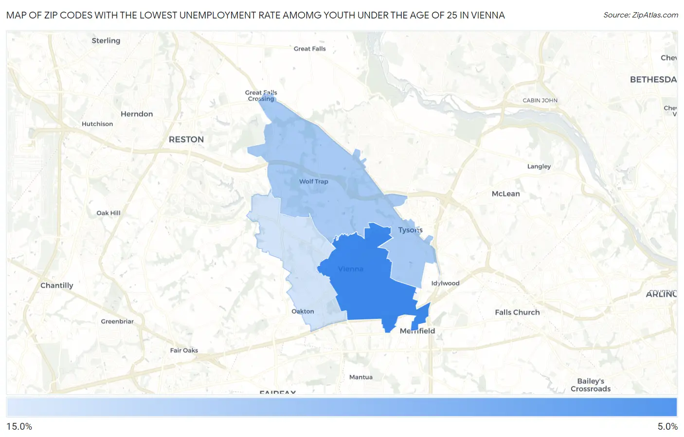 Zip Codes with the Lowest Unemployment Rate Amomg Youth Under the Age of 25 in Vienna Map