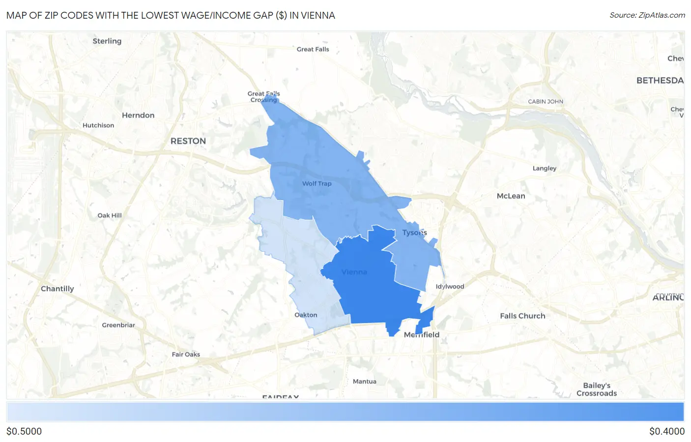 Zip Codes with the Lowest Wage/Income Gap ($) in Vienna Map