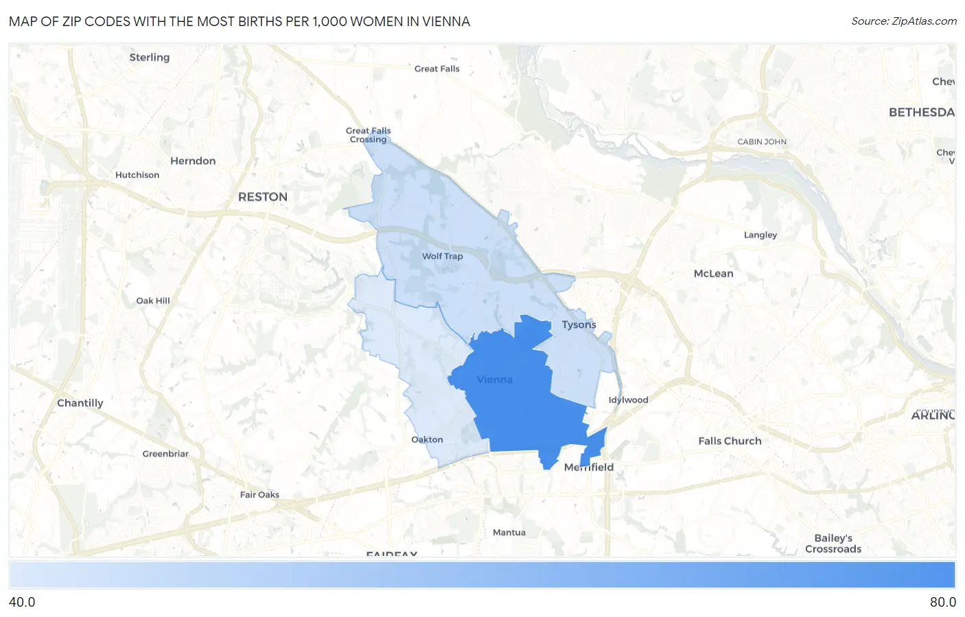 Zip Codes with the Most Births per 1,000 Women in Vienna Map
