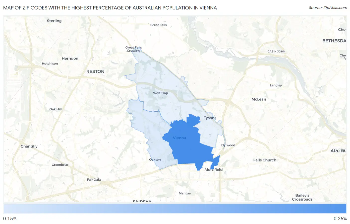 Zip Codes with the Highest Percentage of Australian Population in Vienna Map