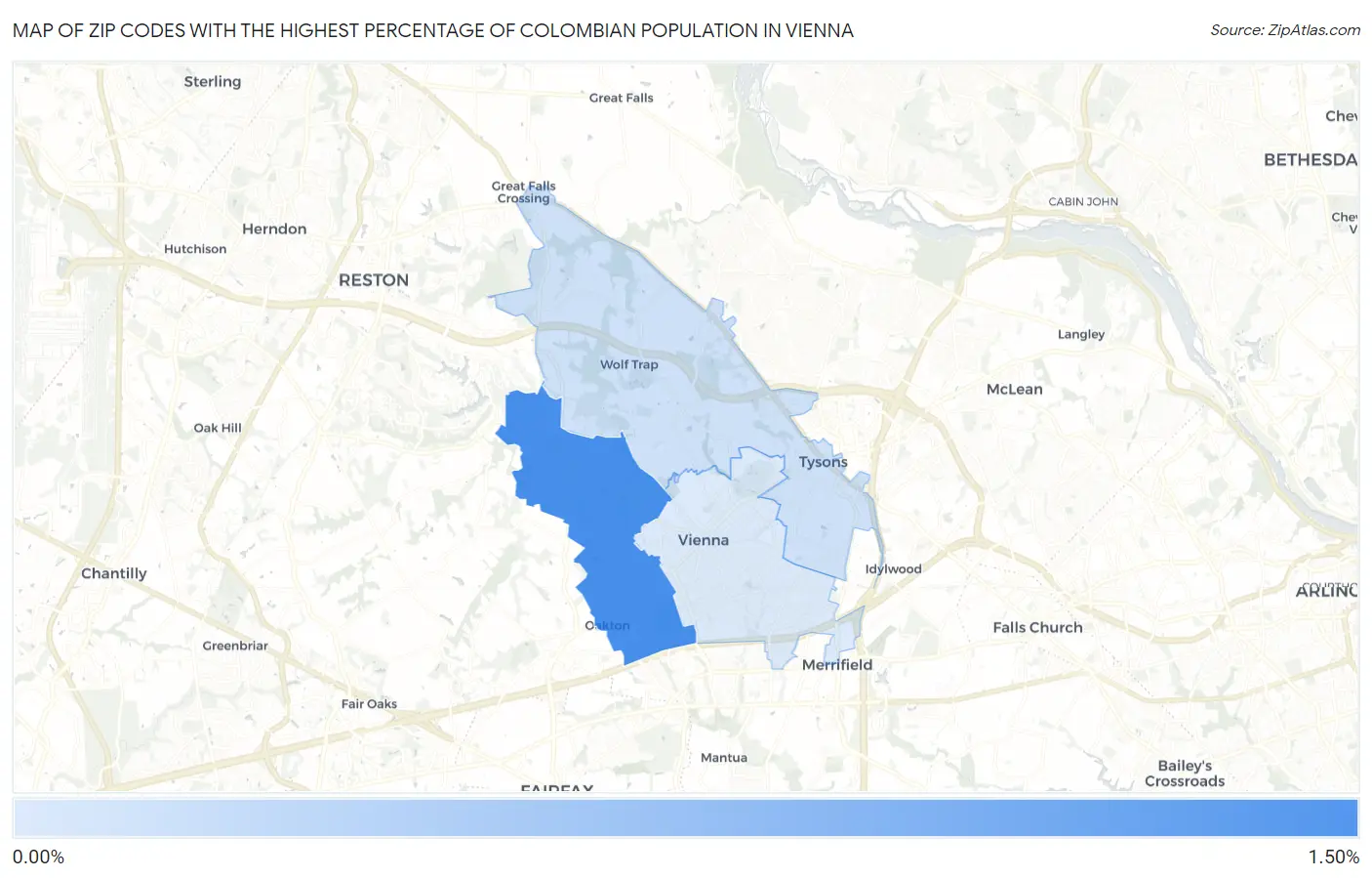 Zip Codes with the Highest Percentage of Colombian Population in Vienna Map