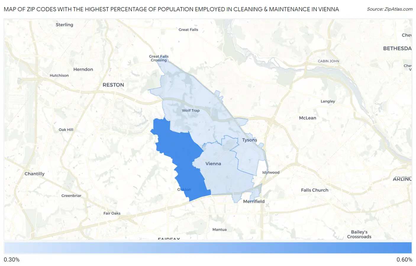 Zip Codes with the Highest Percentage of Population Employed in Cleaning & Maintenance in Vienna Map
