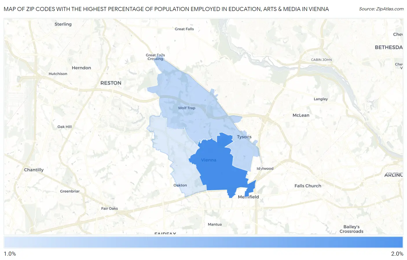 Zip Codes with the Highest Percentage of Population Employed in Education, Arts & Media in Vienna Map
