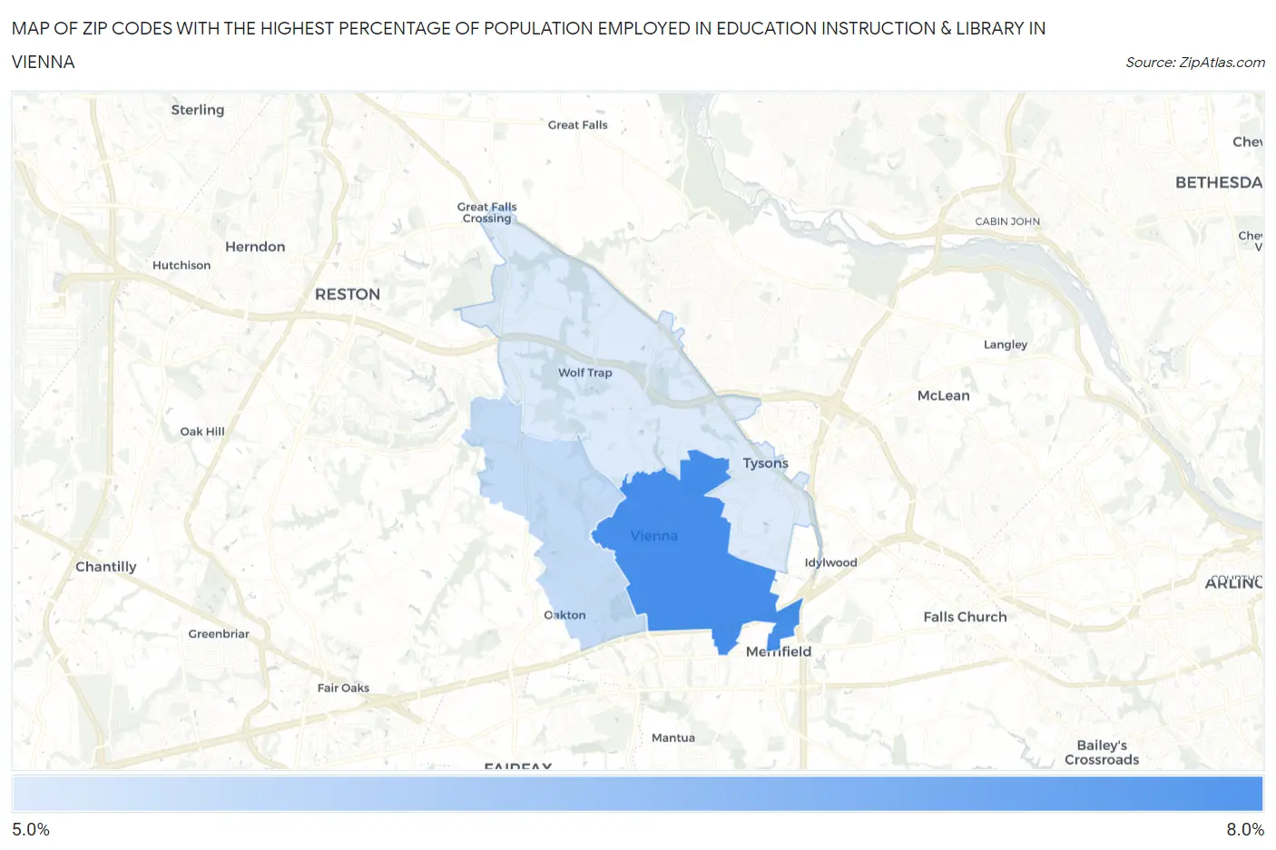 Zip Codes with the Highest Percentage of Population Employed in Education Instruction & Library in Vienna Map