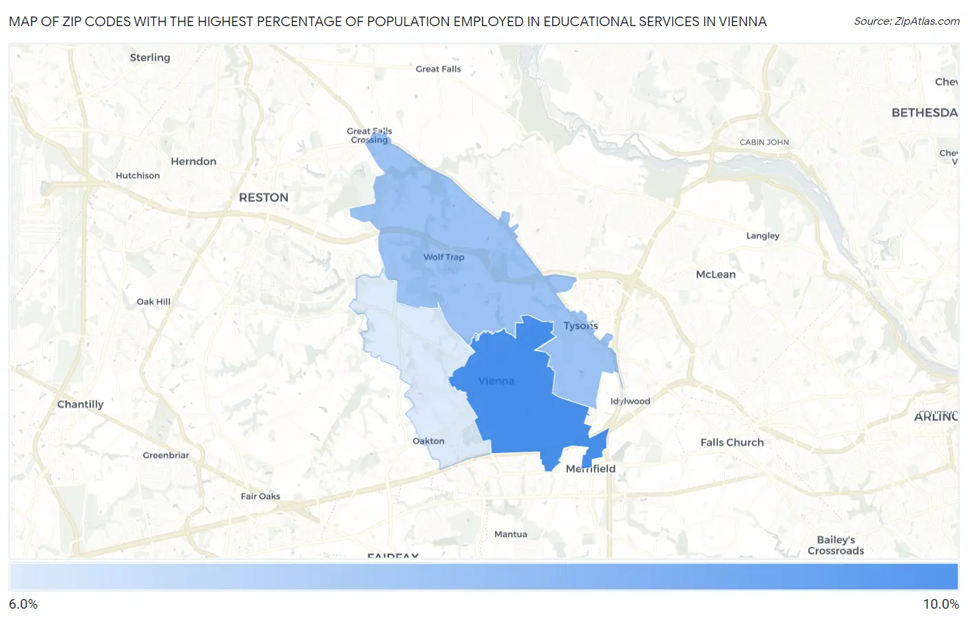 Zip Codes with the Highest Percentage of Population Employed in Educational Services in Vienna Map