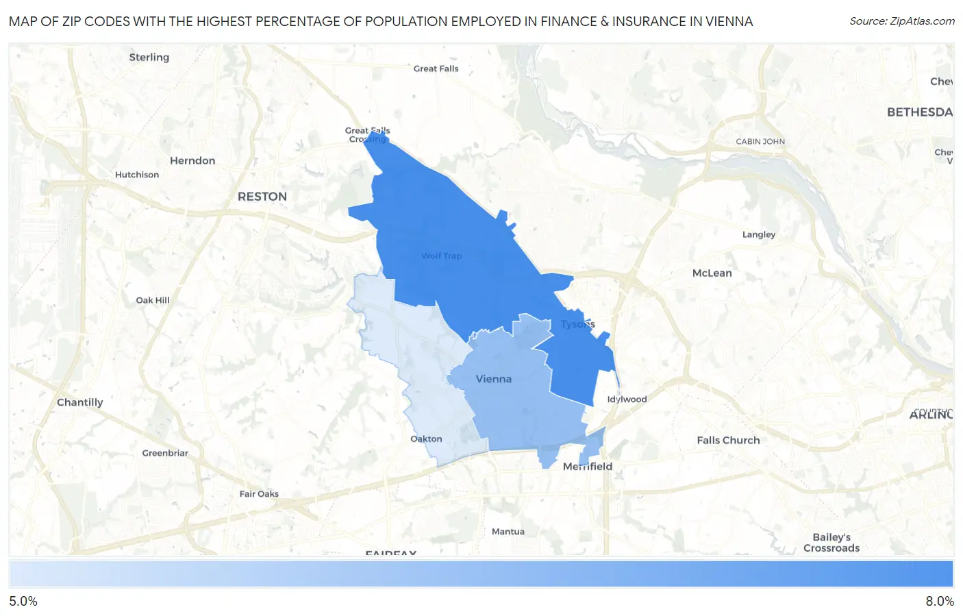 Zip Codes with the Highest Percentage of Population Employed in Finance & Insurance in Vienna Map