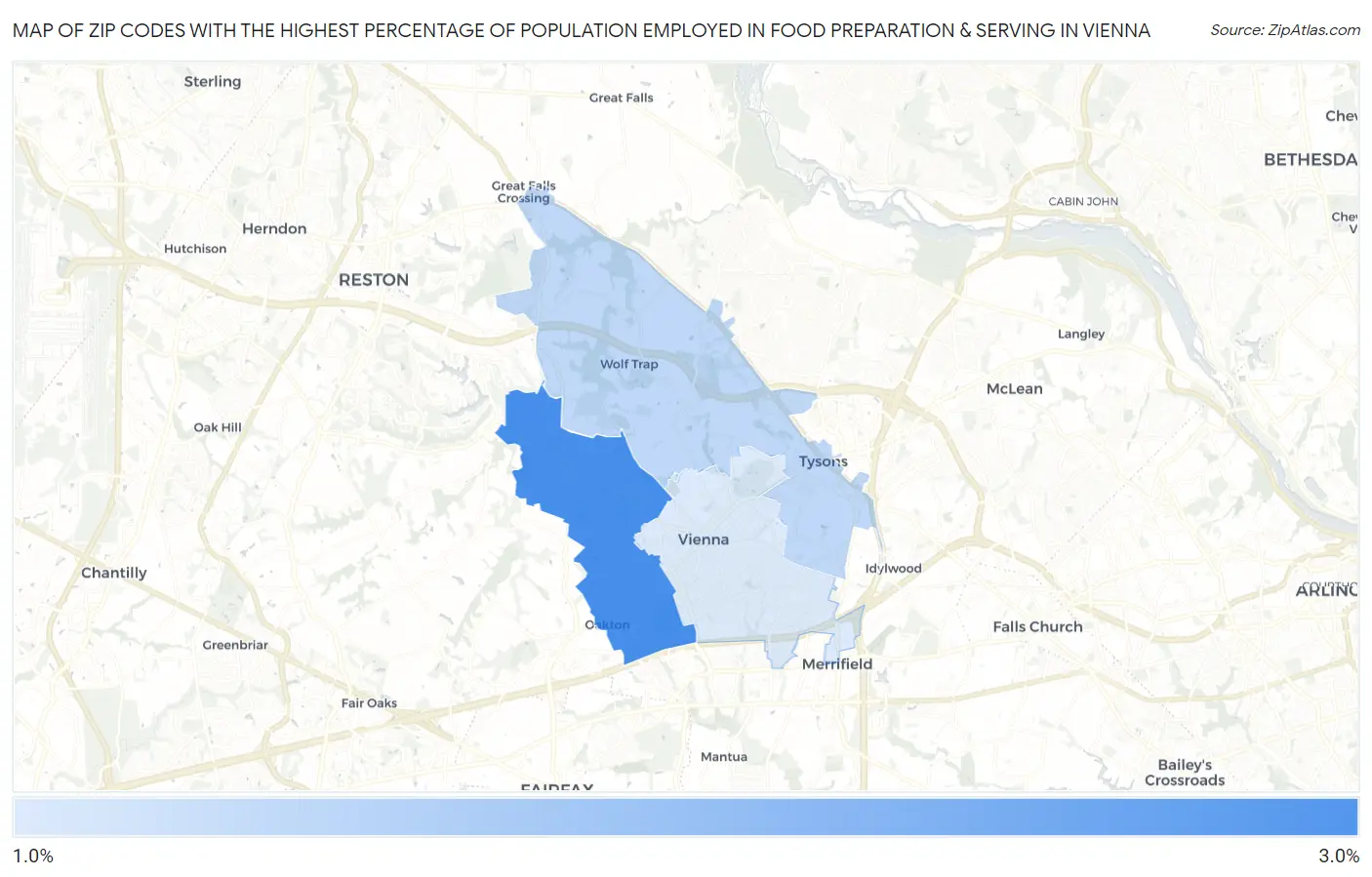 Zip Codes with the Highest Percentage of Population Employed in Food Preparation & Serving in Vienna Map
