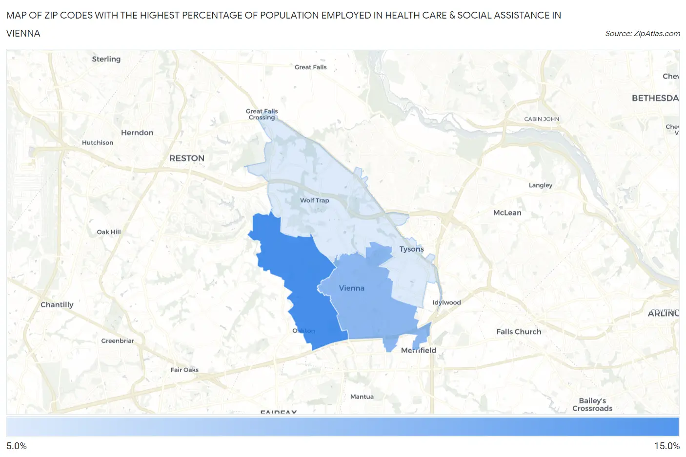 Zip Codes with the Highest Percentage of Population Employed in Health Care & Social Assistance in Vienna Map