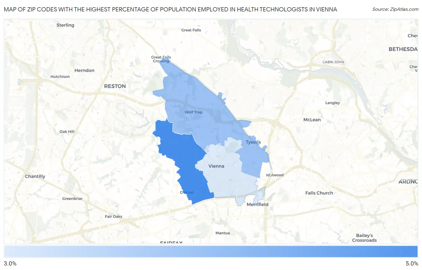 Zip Codes with the Highest Percentage of Population Employed in Health Technologists in Vienna Map