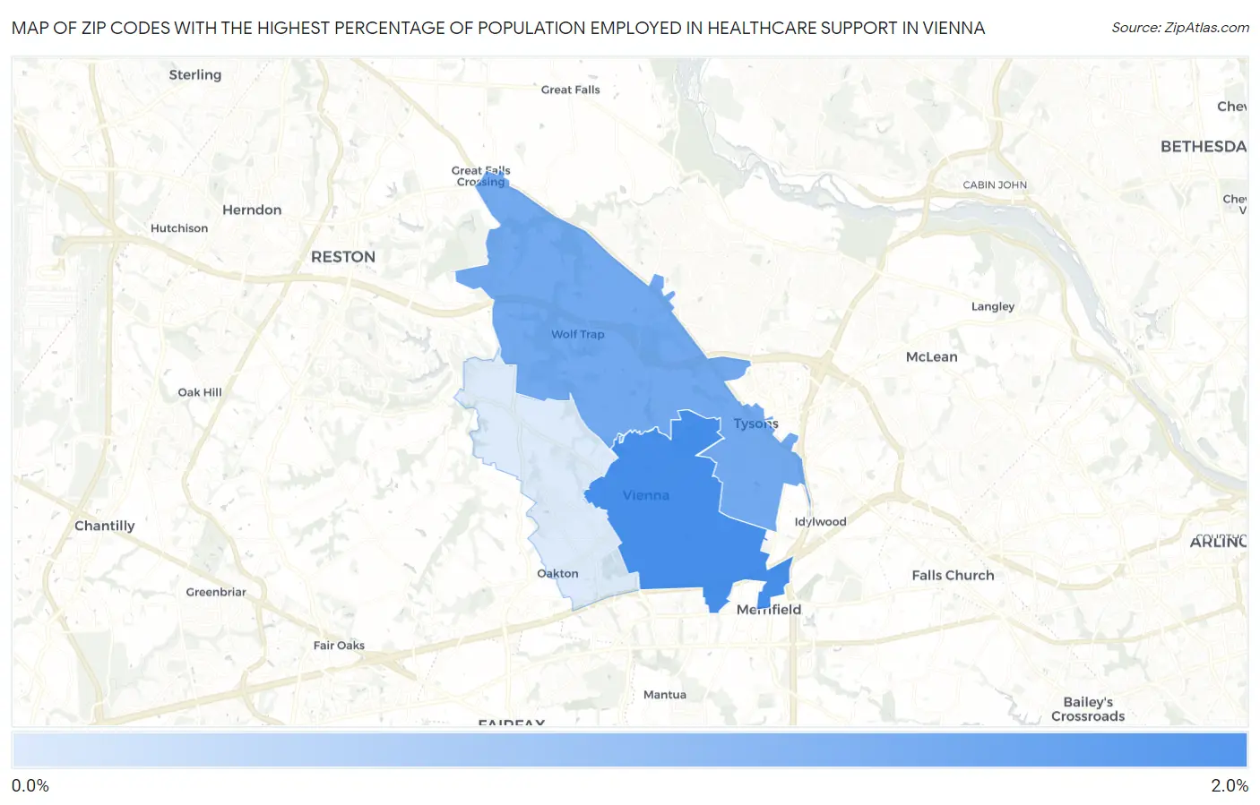 Zip Codes with the Highest Percentage of Population Employed in Healthcare Support in Vienna Map