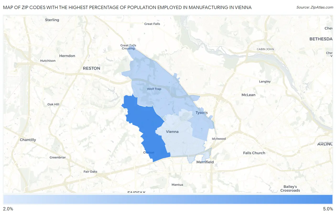 Zip Codes with the Highest Percentage of Population Employed in Manufacturing in Vienna Map