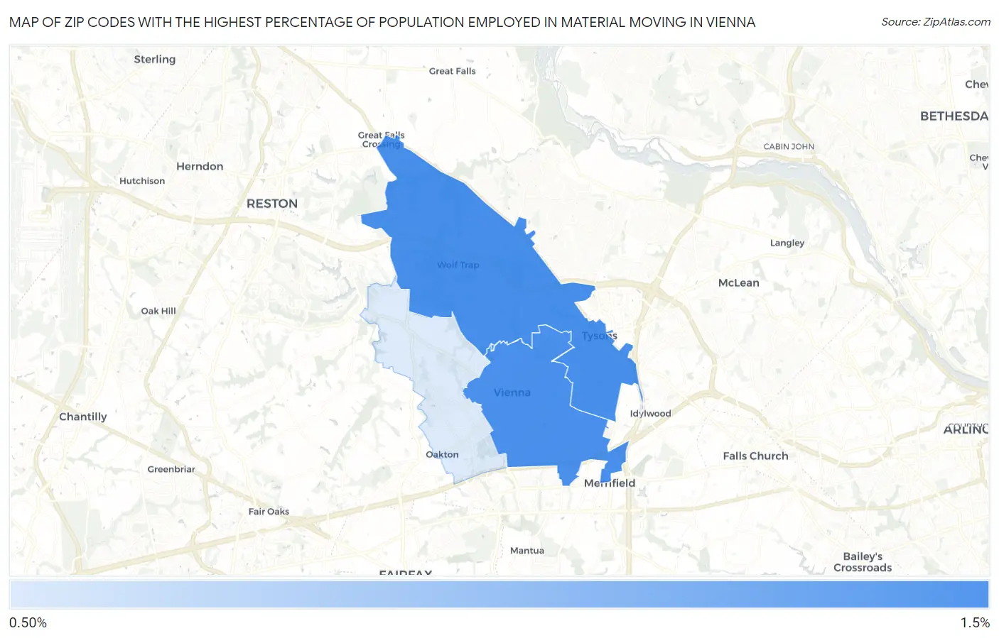 Zip Codes with the Highest Percentage of Population Employed in Material Moving in Vienna Map