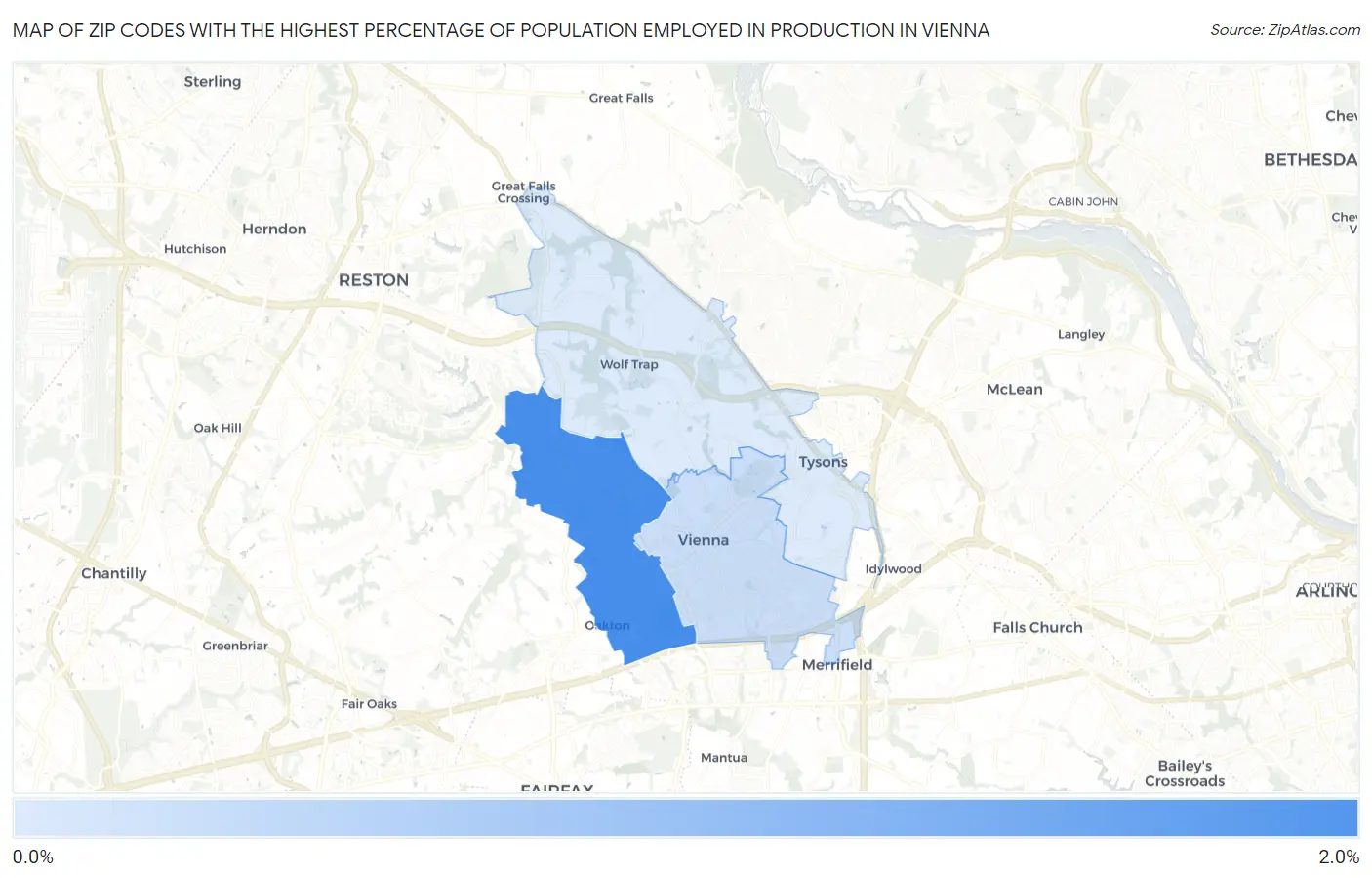 Zip Codes with the Highest Percentage of Population Employed in Production in Vienna Map