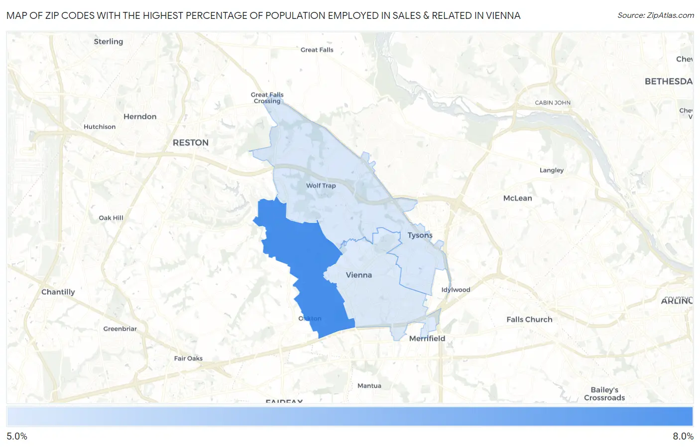 Zip Codes with the Highest Percentage of Population Employed in Sales & Related in Vienna Map