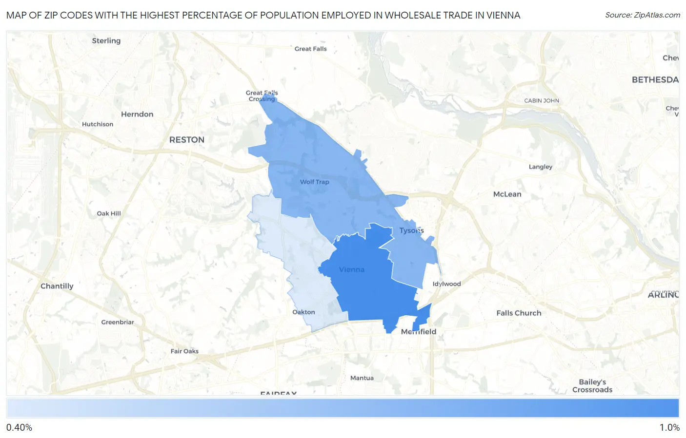 Zip Codes with the Highest Percentage of Population Employed in Wholesale Trade in Vienna Map