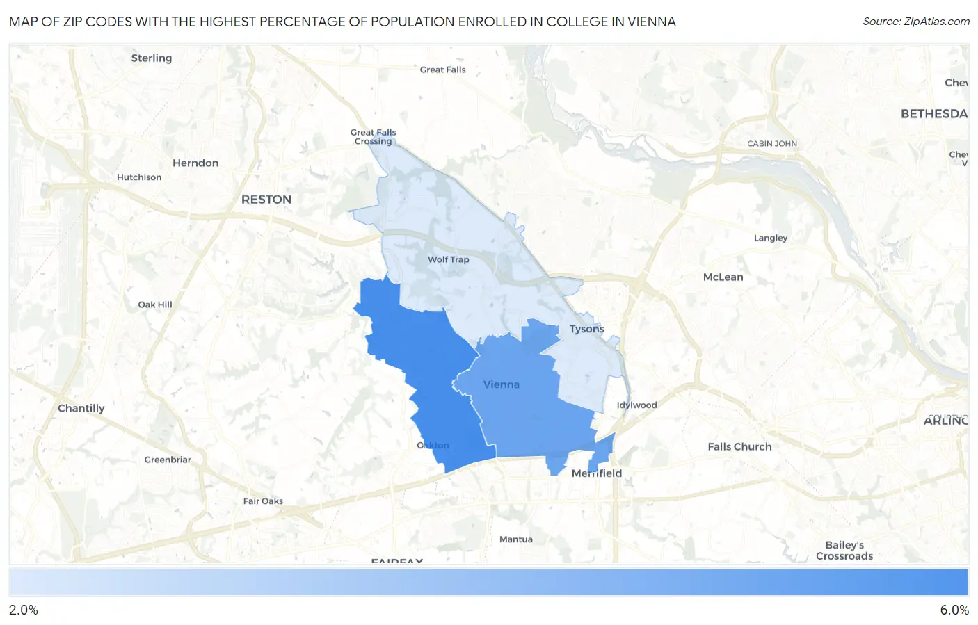 Zip Codes with the Highest Percentage of Population Enrolled in College in Vienna Map