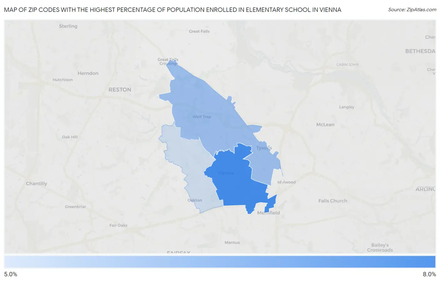 Zip Codes with the Highest Percentage of Population Enrolled in Elementary School in Vienna Map